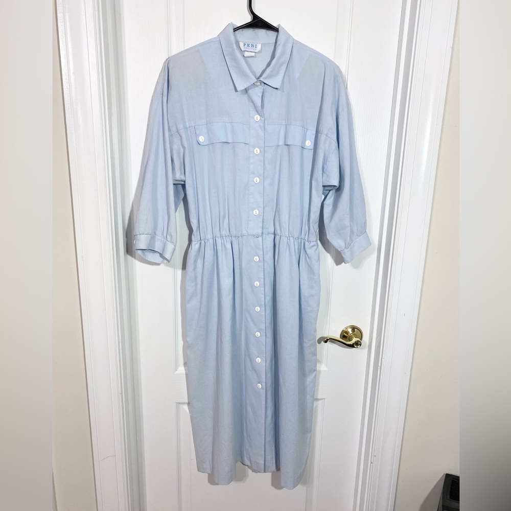 90s Peri Petites USA MADE Button Front 3/4 Sleeve Shirt Dress Blue Sz 12 Petite